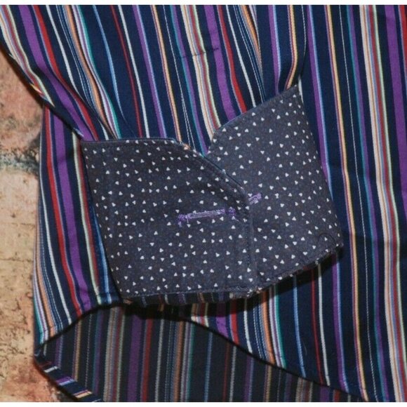 Mens BUGATCHI UOMO L Colorful Striped Contrast Cuff Dress Shirt Classic Cotton - Picture 4 of 10
